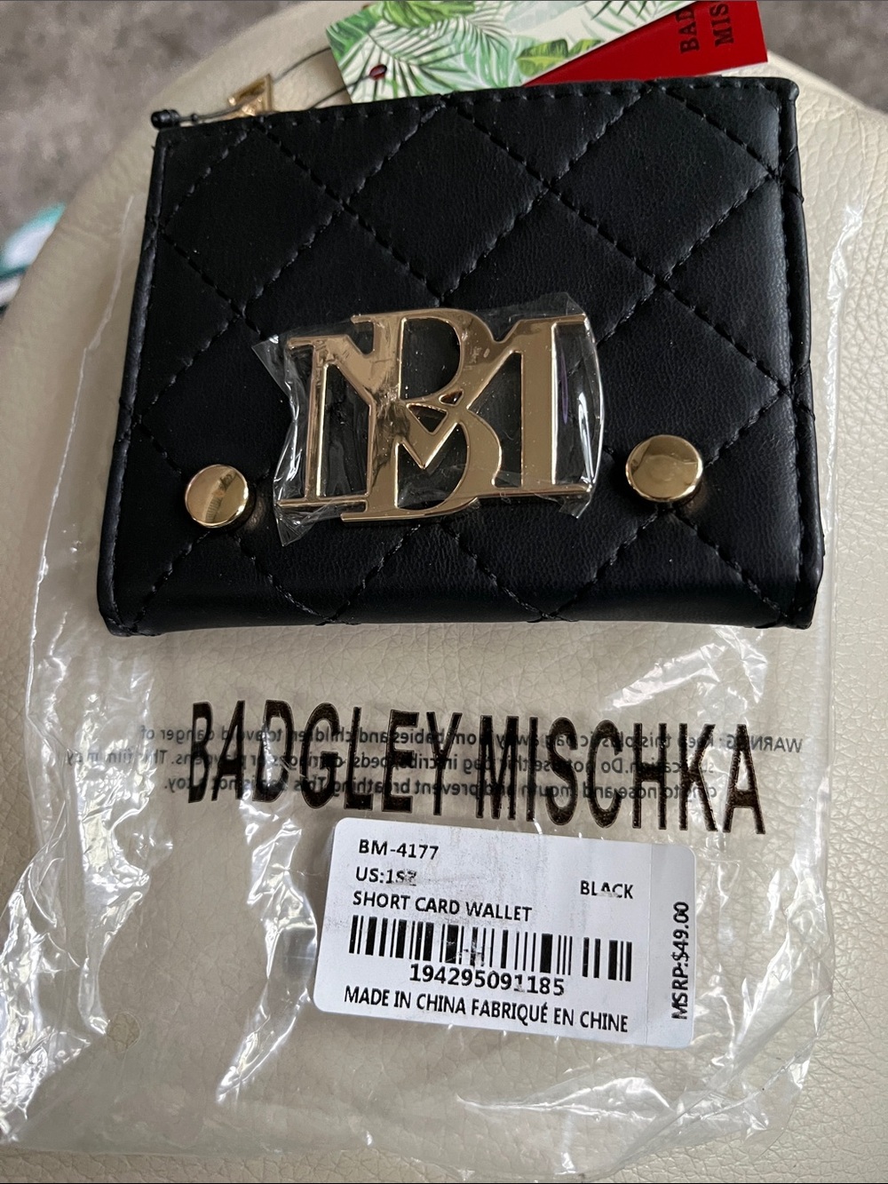 Badgley Mischka Black Quilted Card Wallet with Gold Logo! New.